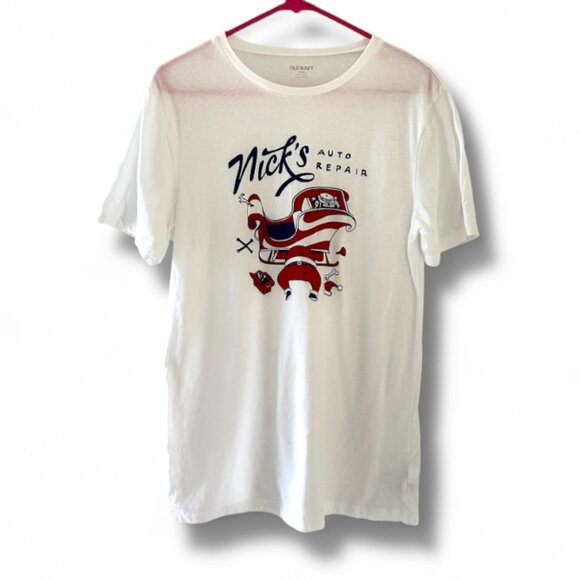 Old Navy Nick's Auto Repair White T-shirt Christmas Tee Men's Size Medium Tall - Picture 1 of 15